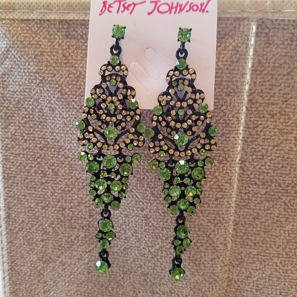 Betsey Johnson Jewelry - Betsey Johnson Clear and Green Rhinestone Drop Earrings - NWT